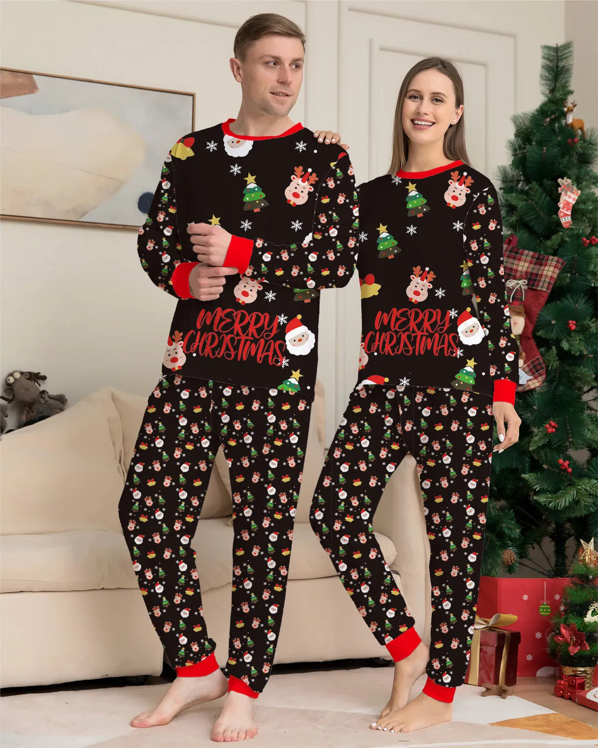 Family Christmas matching pyjamas set in 95% cotton with plaid and cartoon prints for adults, children, babies, and dogs