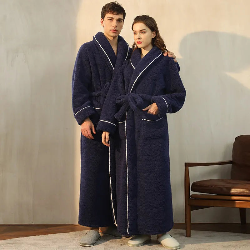 Winter bathrobe in thick polyester flannel fabric showing colour options and plus size fit for cold weather sleepwear