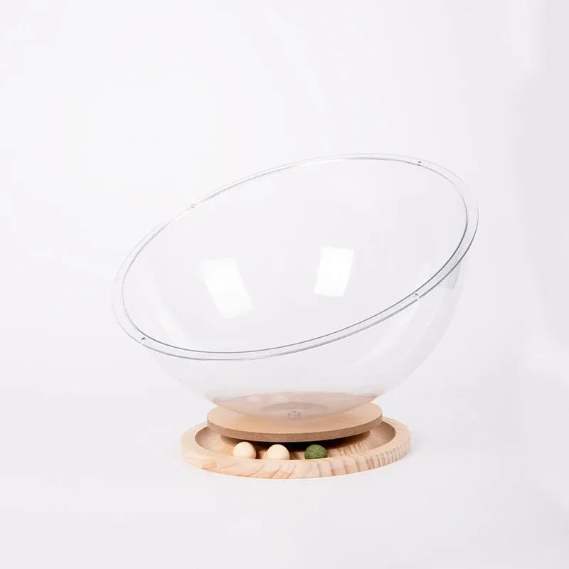 Transparent acrylic cat space capsule bed with turntable base on floor