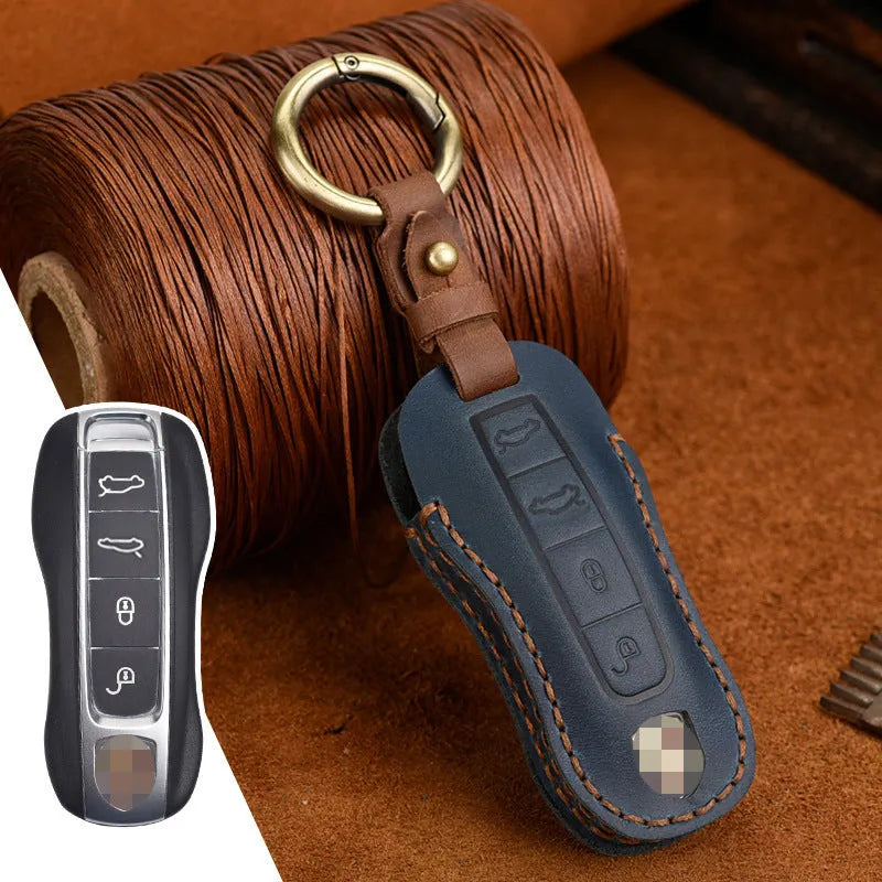 Genuine cowhide leather retro style key cover case for Porsche keys in blue and brown.