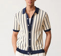 Men's white short sleeve knitted top with an asymmetrical lapel, made from ice silk spandex fabric.