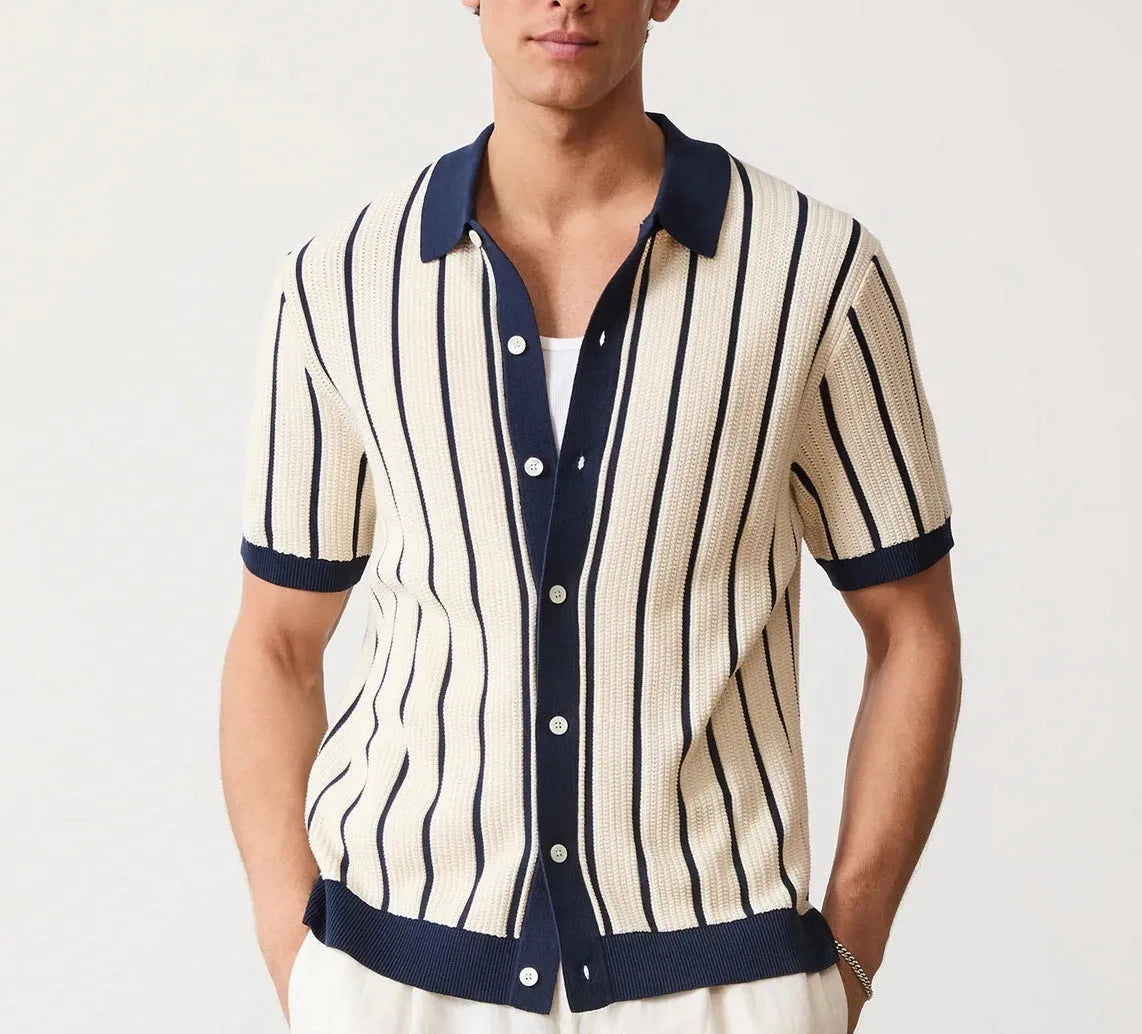 Men's white short sleeve knitted top with an asymmetrical lapel, made from ice silk spandex fabric.