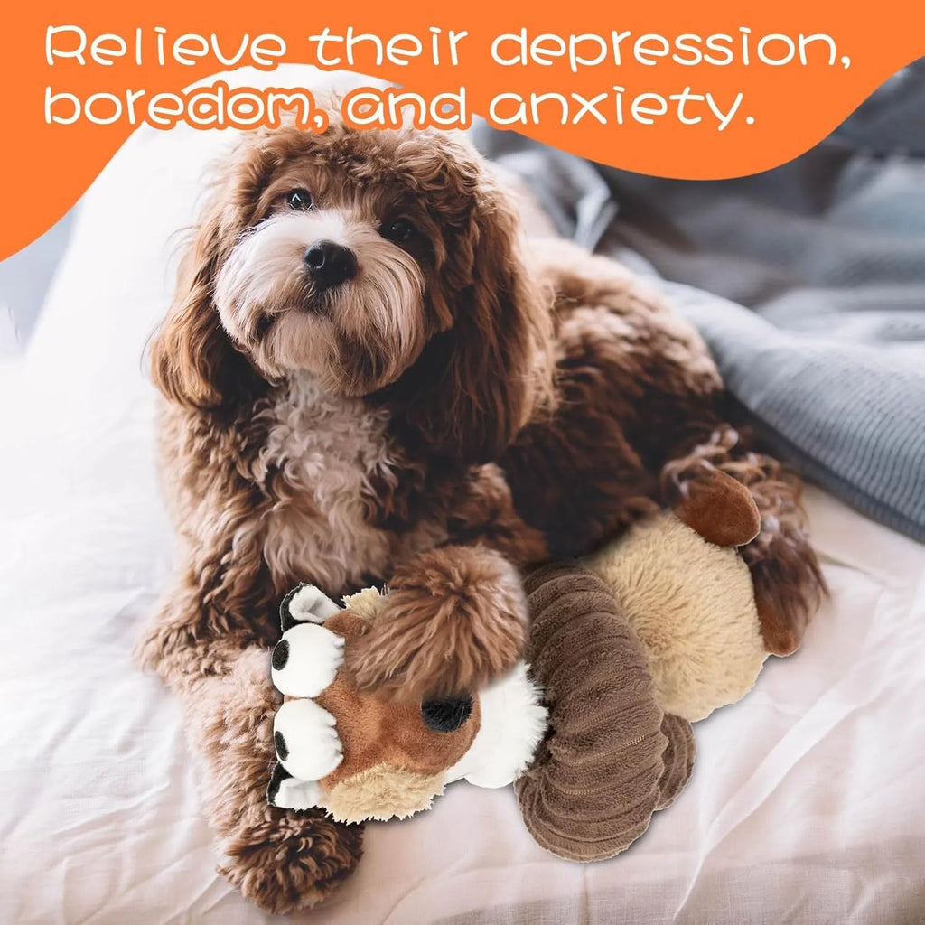 Brown, grey, and yellow plush dog toys with squeaker and crinkle features for teething and play