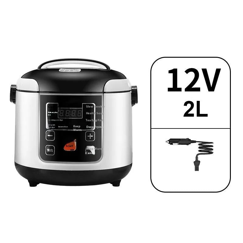 Black 12V 24V 2L vehicle-mounted rice cooker with stainless steel pot and plastic outer shell