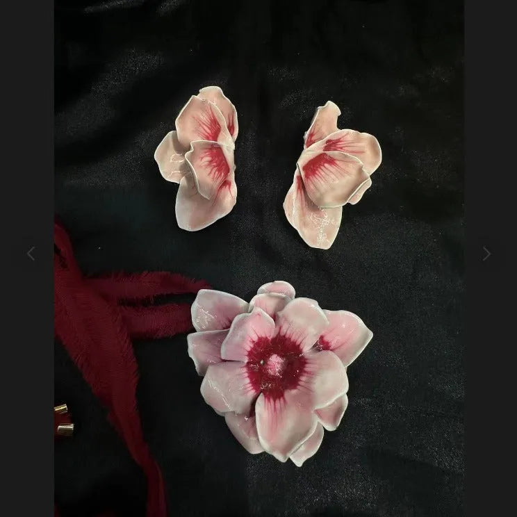 Alloy flower stud earrings with oil-spot glaze finish in blue, green, purple, and rose pastoral styles.