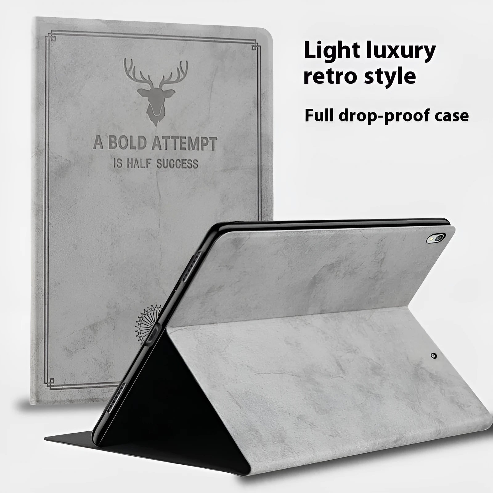 Soft TPU leather iPad clamshell case with a deer pattern, shown in various colour options.