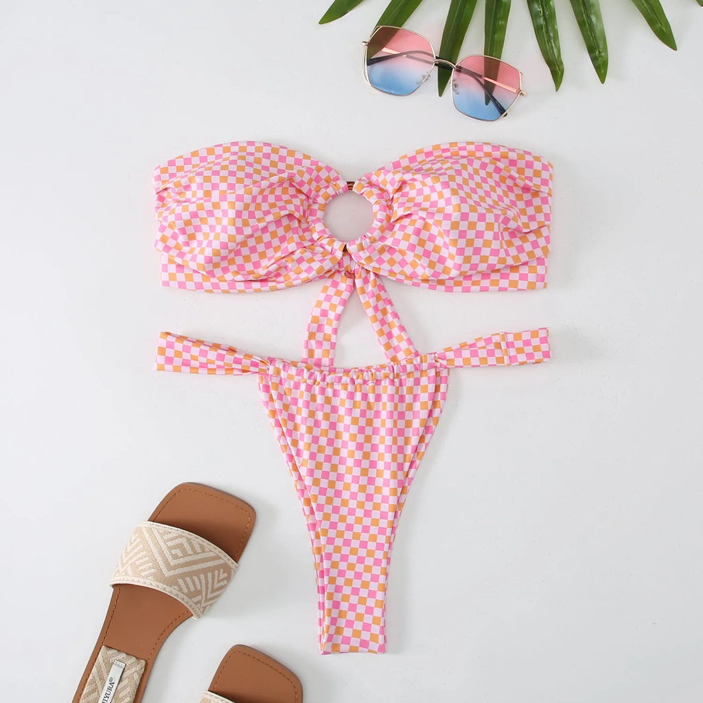Women's floral printed tube top ring bikini swimsuit with matching briefs