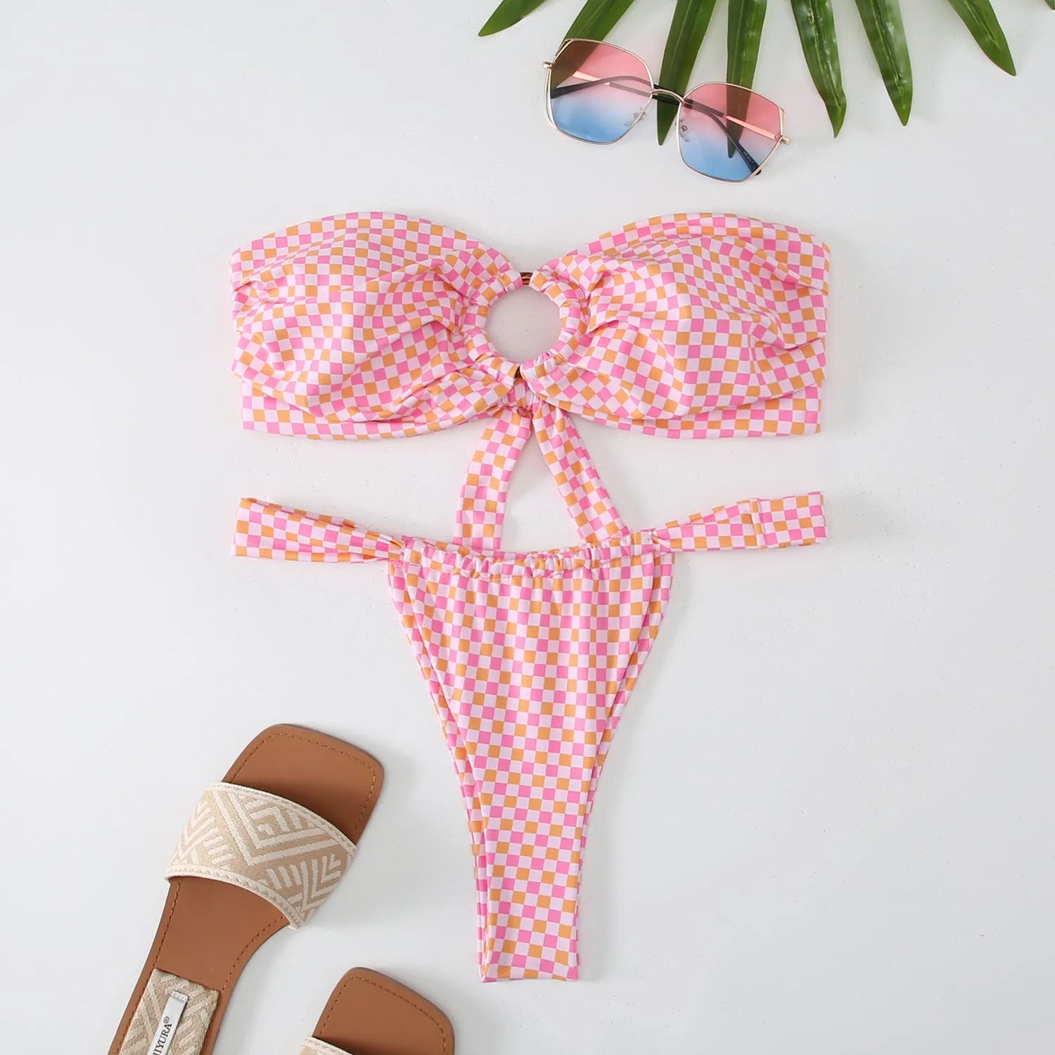 Women's floral printed tube top ring bikini swimsuit with matching briefs