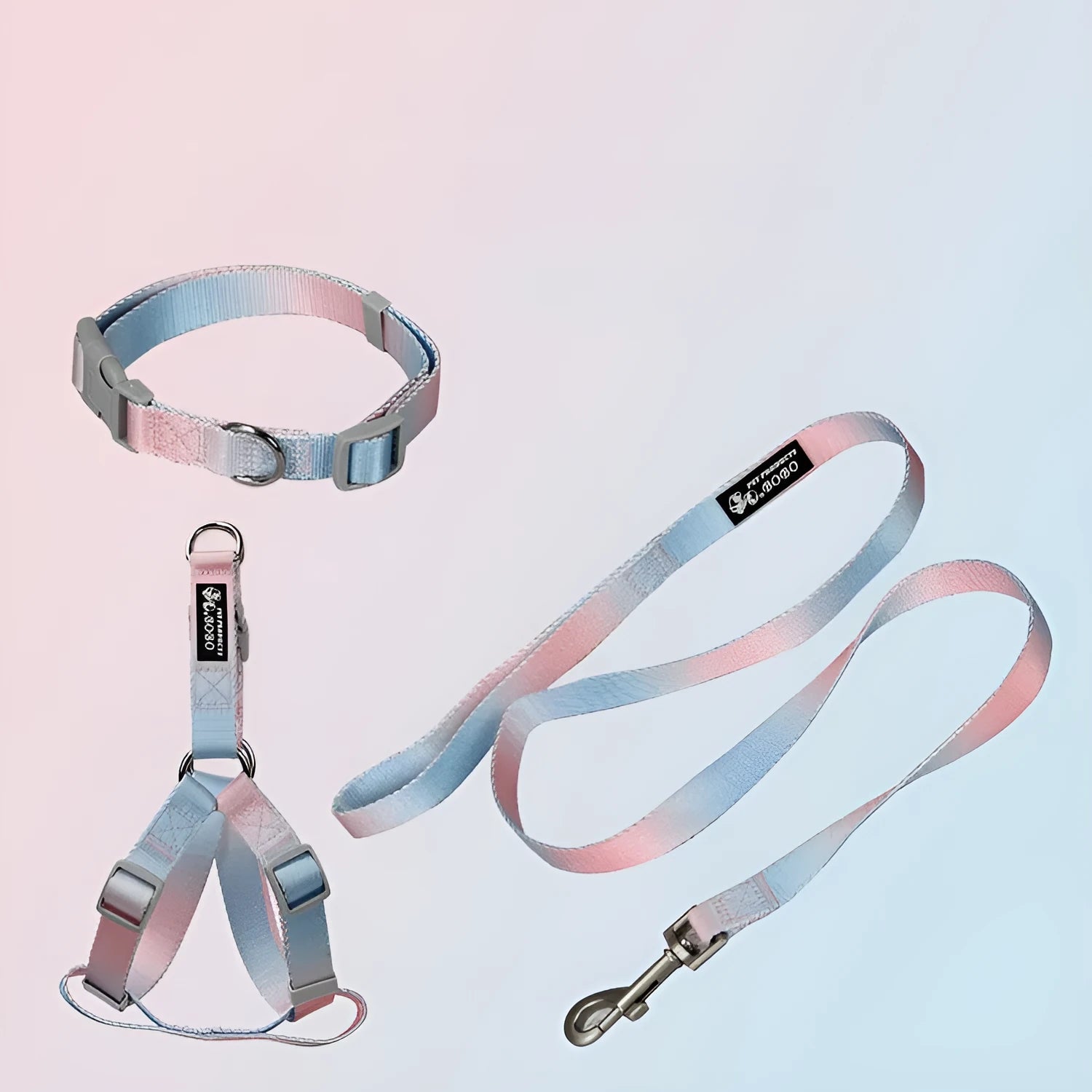Nylon dog lead set showing gradient colour options in pink-blue combination with collar attachment