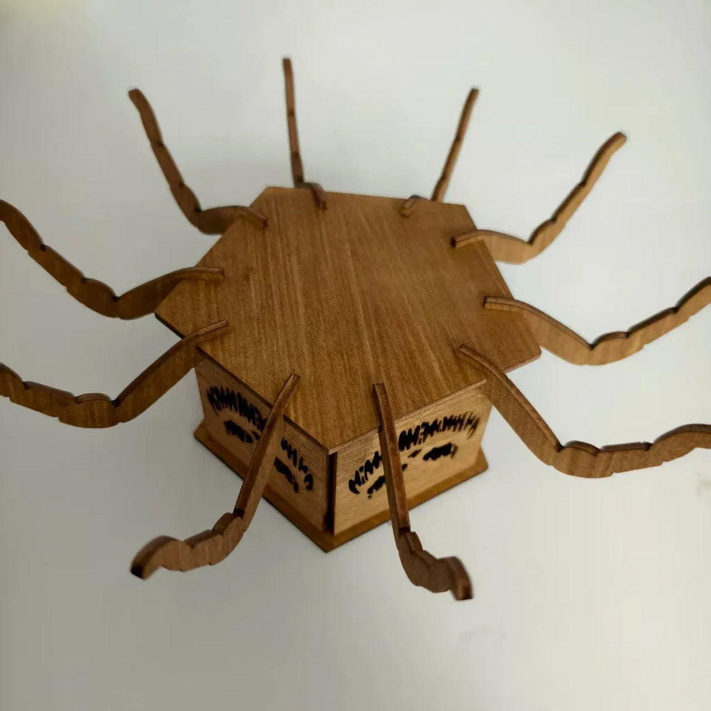 Wooden spider-themed lantern candlestick Halloween decoration measuring 21cm tall