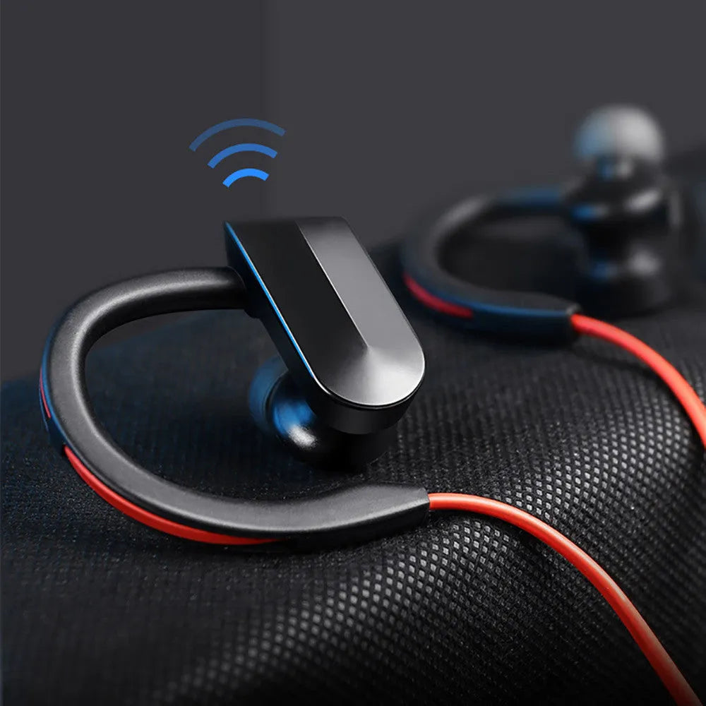 Wireless neckband Bluetooth earphones in black, blue and red colours showing neckband design