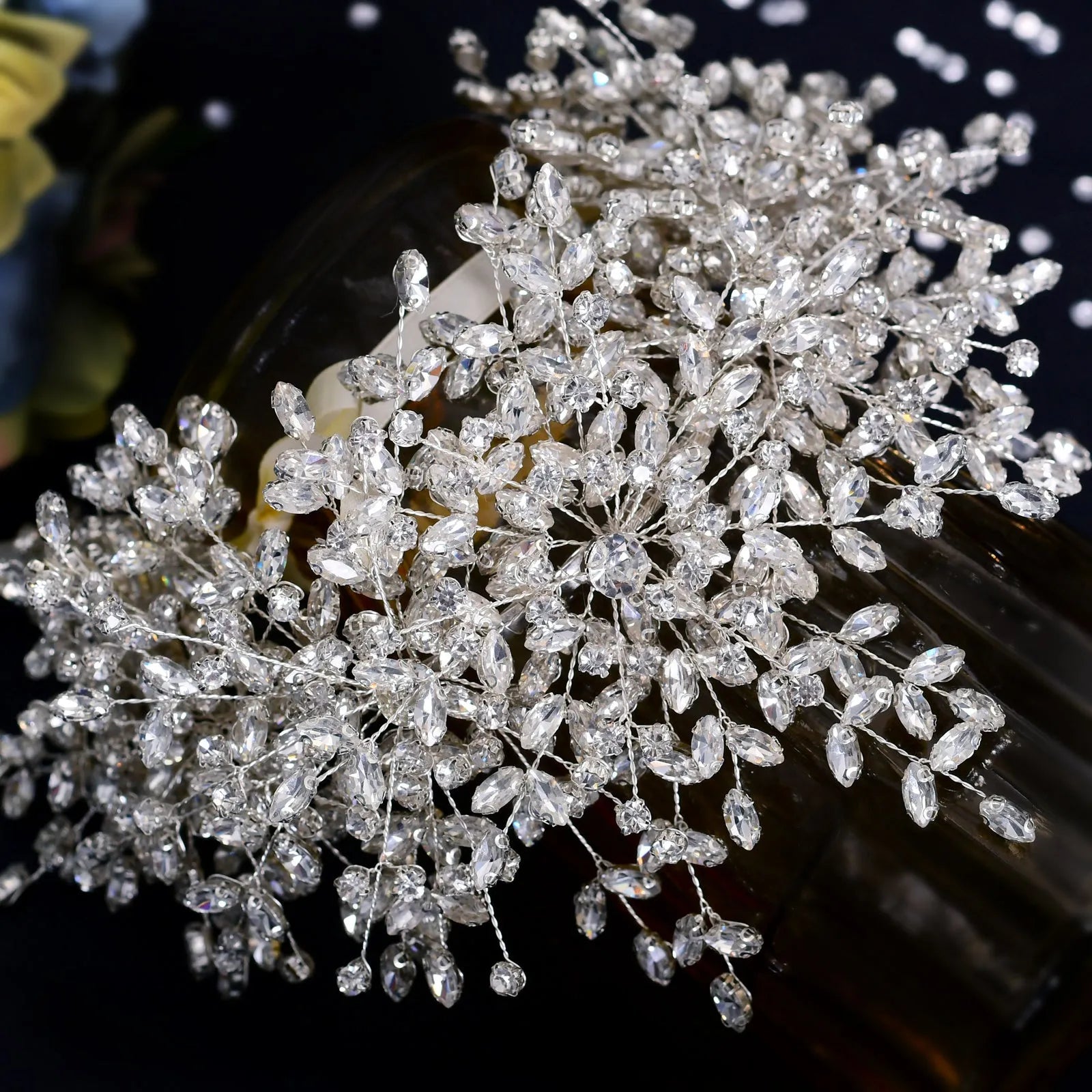 Heavy handmade rhinestone ice and snow queen wedding crown in silver with crystal beaded headband