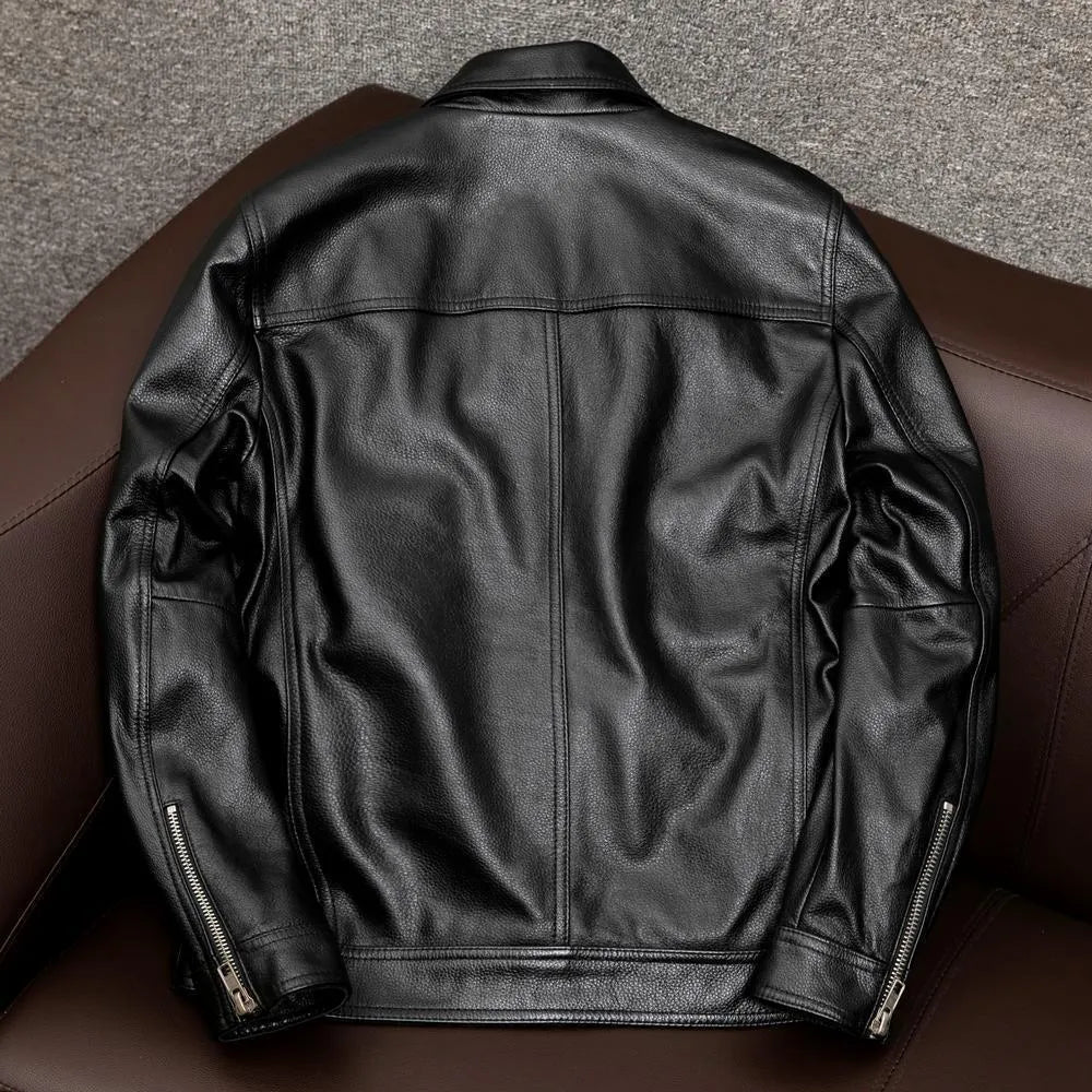 Male model wearing black PU leather lapel jacket with side seam pockets