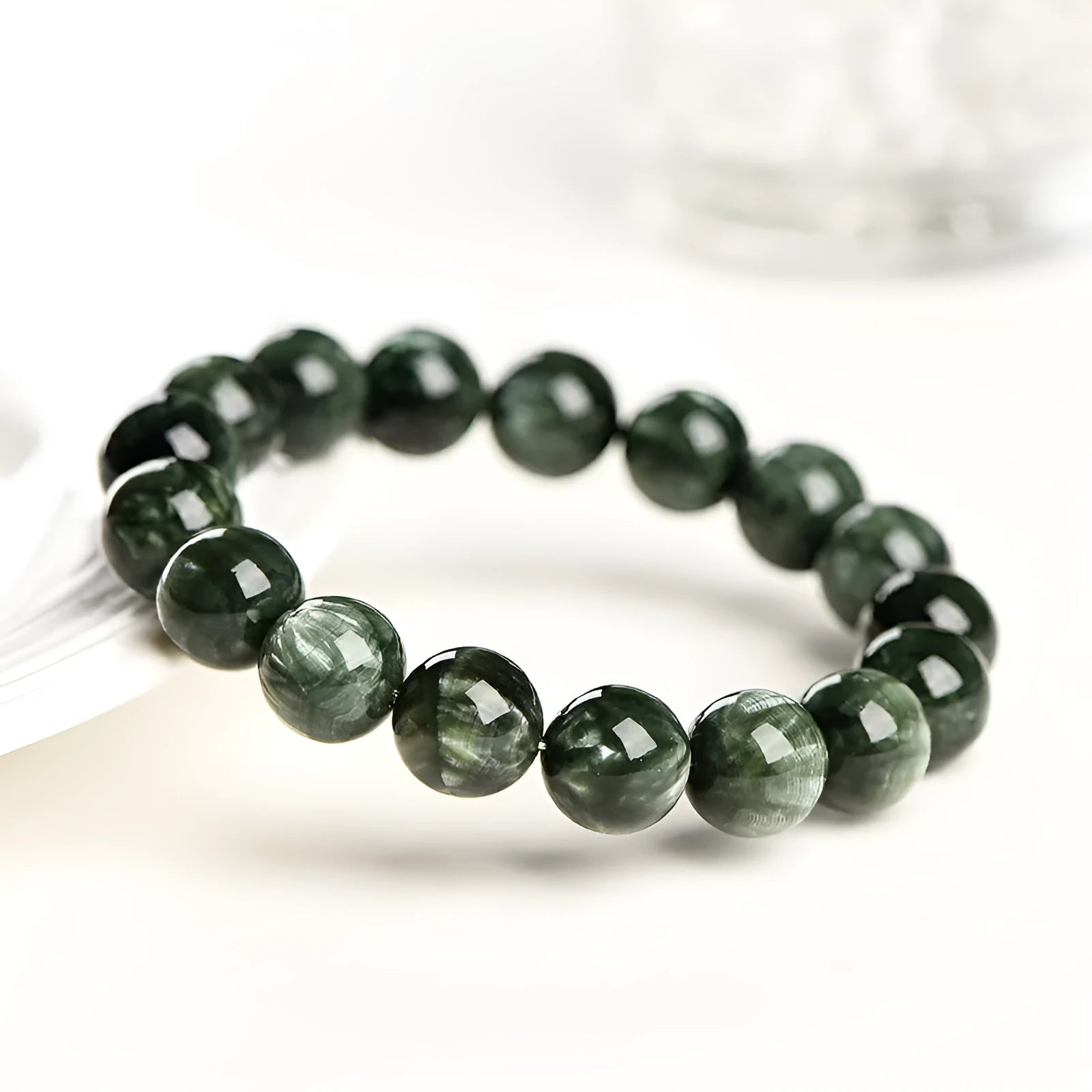Green Dragon Crystal bracelet with 8-9mm round beads and Ruyi symbol