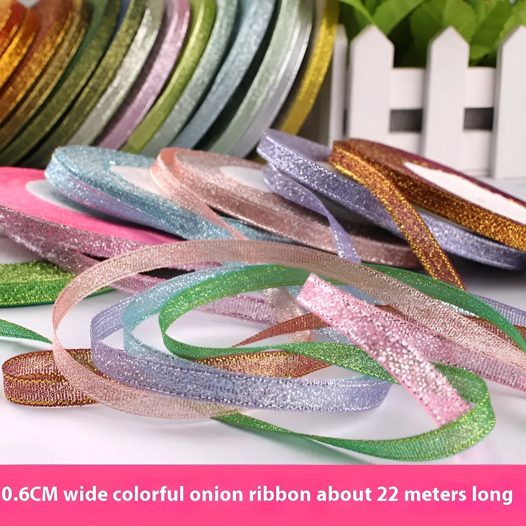 Roll of 0.6cm wide polyester gift ribbon in multiple colour options including gold leaf and red onion.