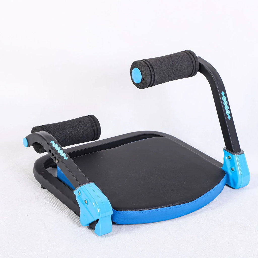Sky blue and red portable mini abdominal exercise device for home and office fitness.