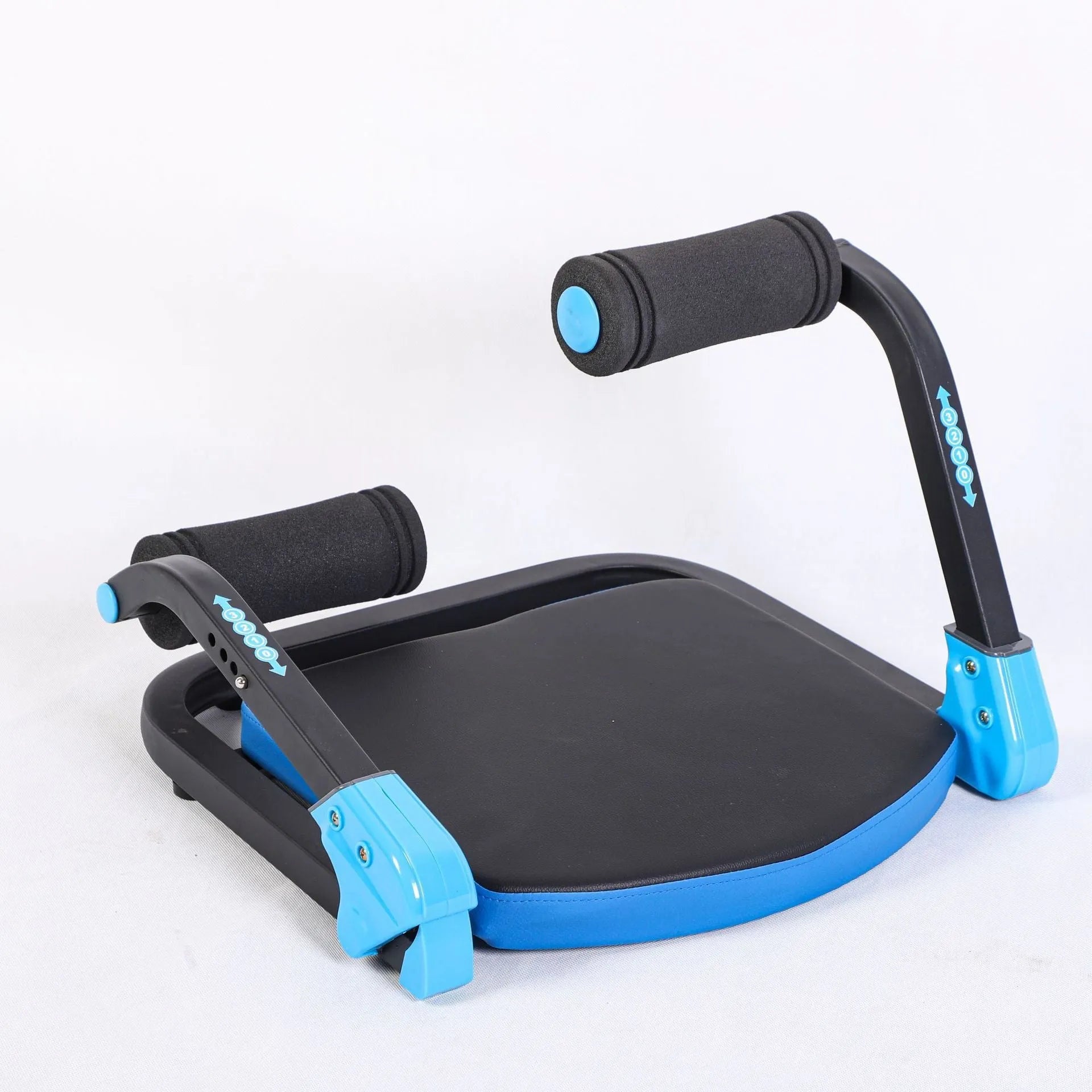 Sky blue and red portable mini abdominal exercise device for home and office fitness.