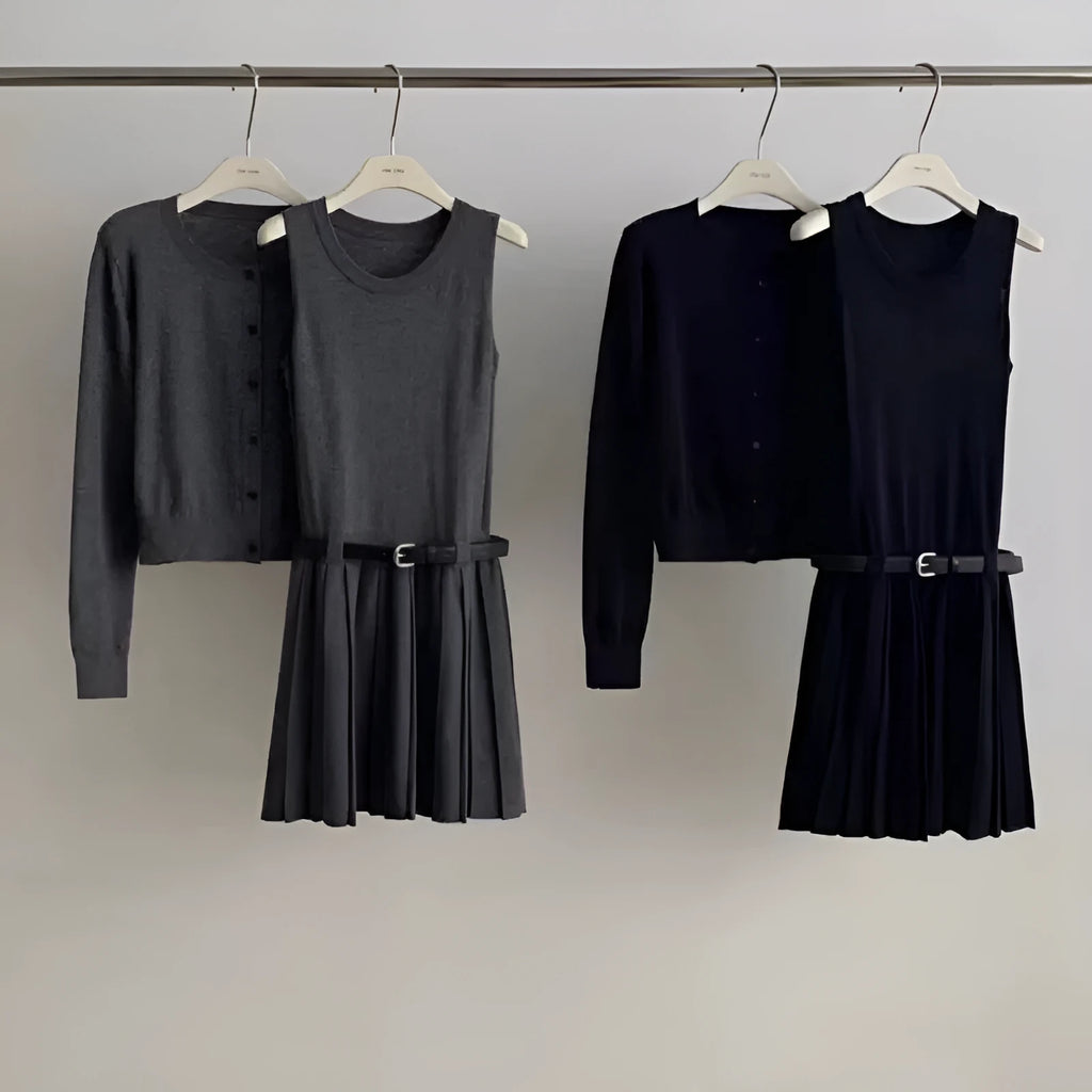 Women's grey art retro knitted vest skirt and long sleeve cardigan two-piece set with belt detail