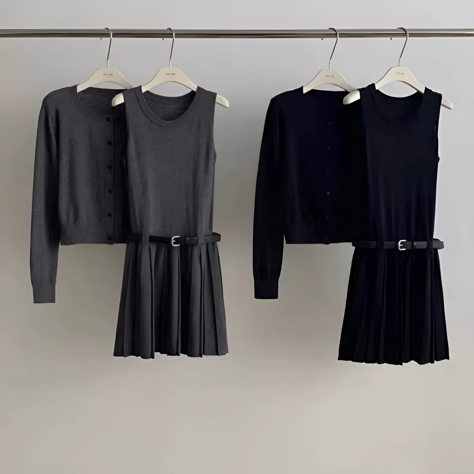 Women's grey art retro knitted vest skirt and long sleeve cardigan two-piece set with belt detail
