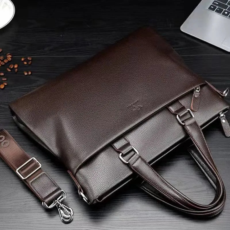 Men's PU leather business messenger bag with crossbody shoulder strap and 35x30x4cm dimensions