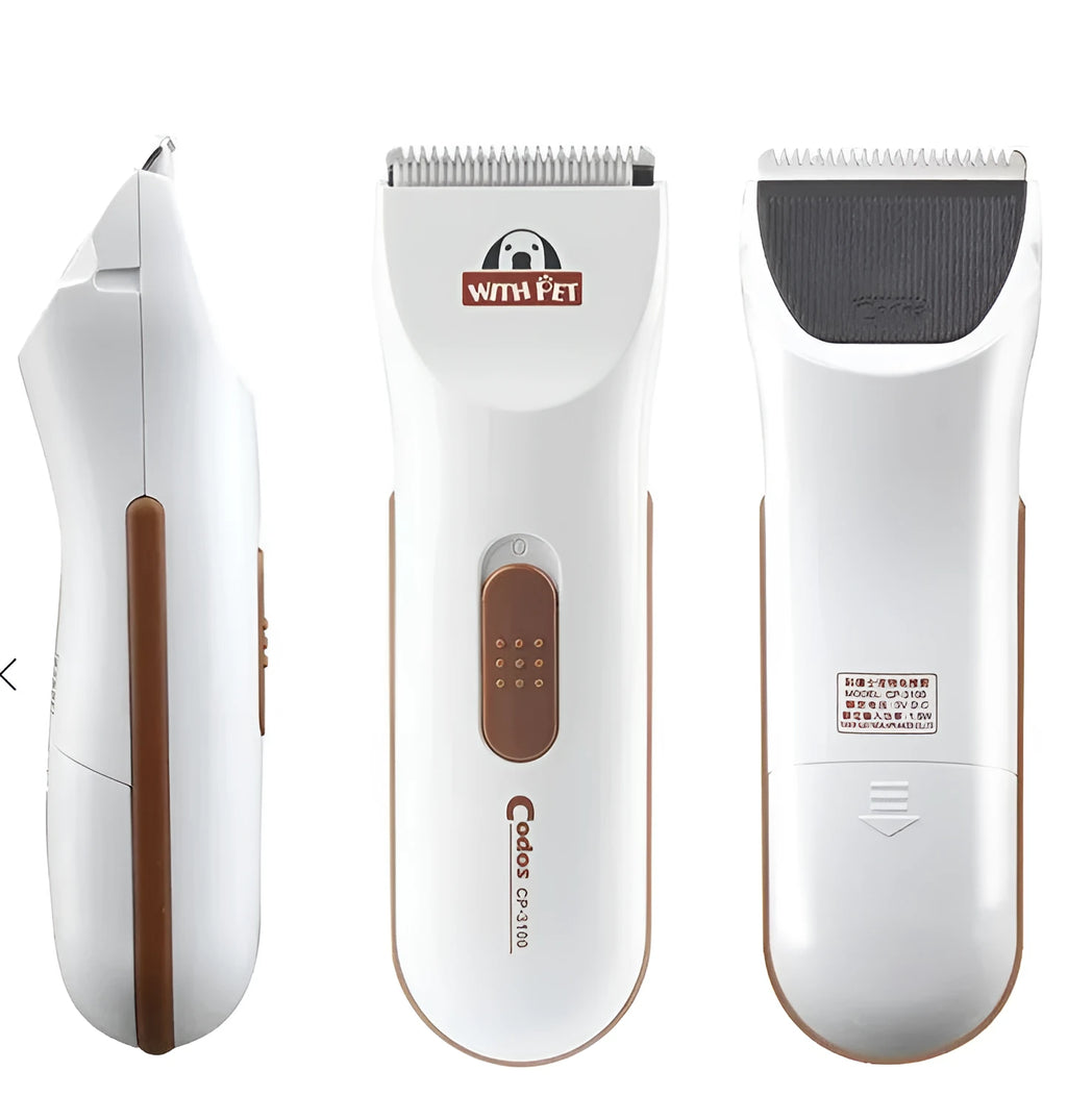 White pet hair clipper with ceramic blade for dog and cat grooming using AA batteries