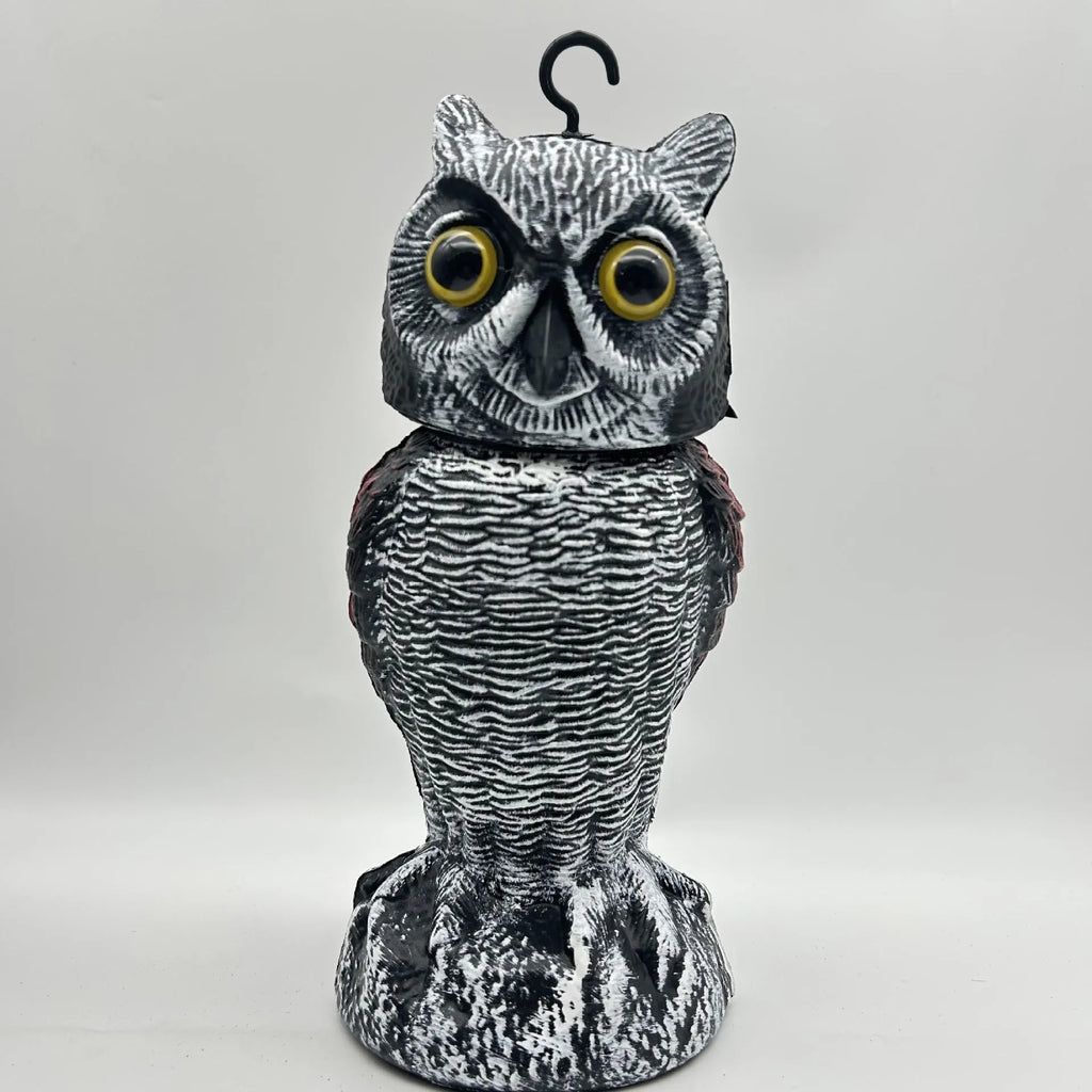 Artificial owl decoy with moving head for scaring birds, available with hook or bag attachments