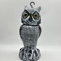 Artificial owl decoy with moving head for scaring birds, available with hook or bag attachments