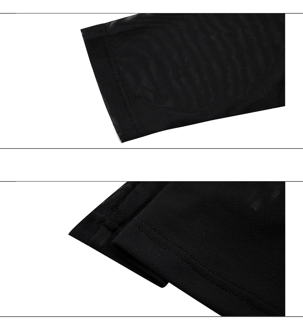 Men's black slim fit long sleeve mesh shirt with ice-feel fabric on hanger