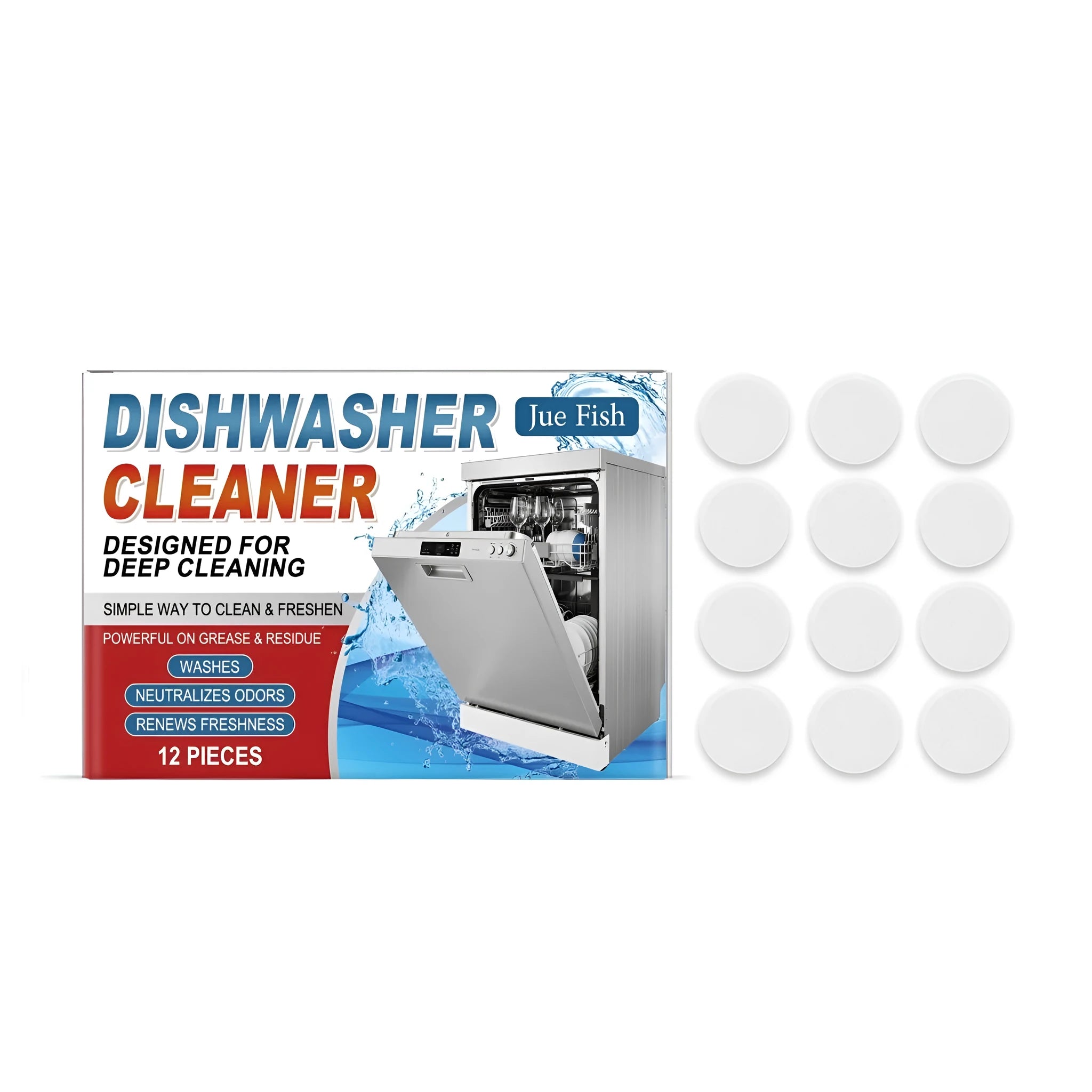 Pack of 12 household dishwasher and washing machine cleaning tablets with descaling formula