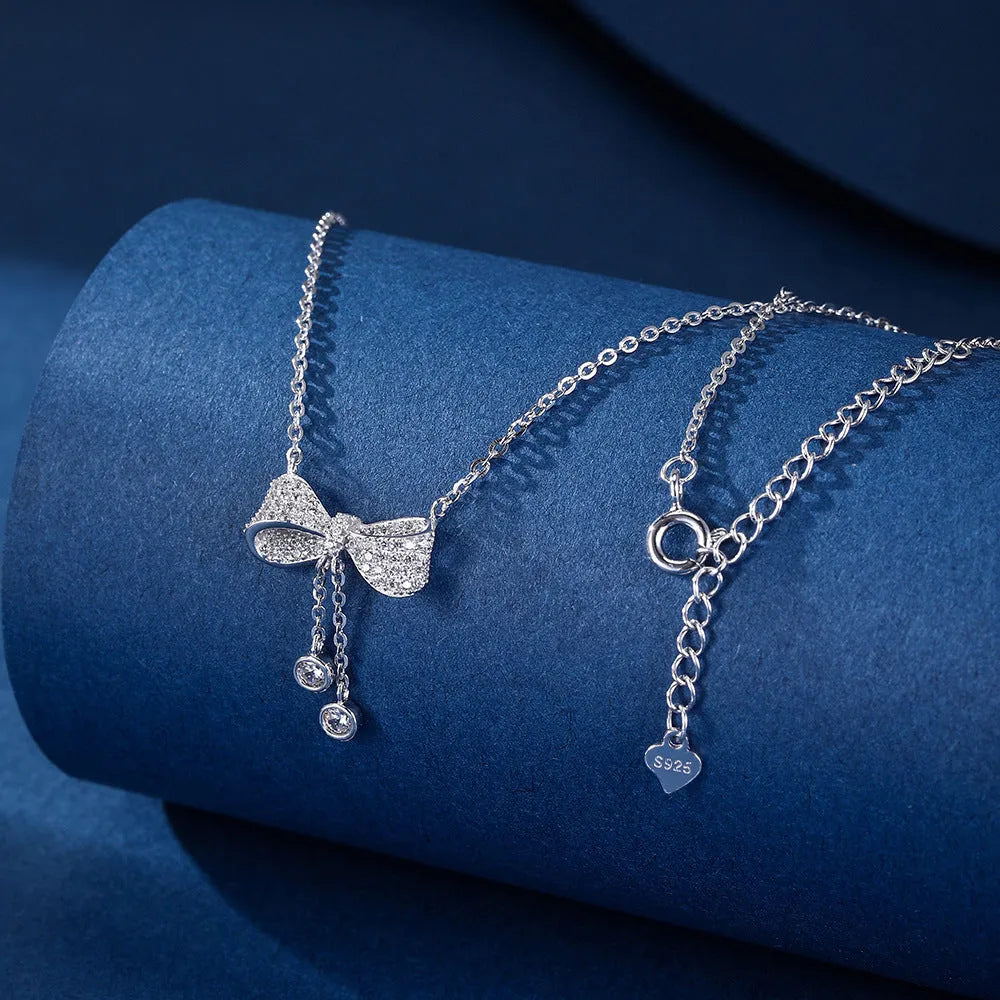 S925 sterling silver bow pendant necklace on adjustable 40-45cm O-ring chain