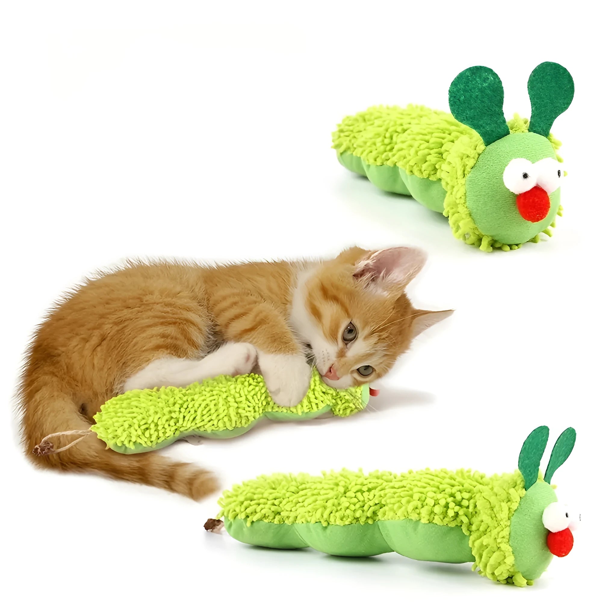 Green interactive plush cat toy pillow measuring 24cm with sports design