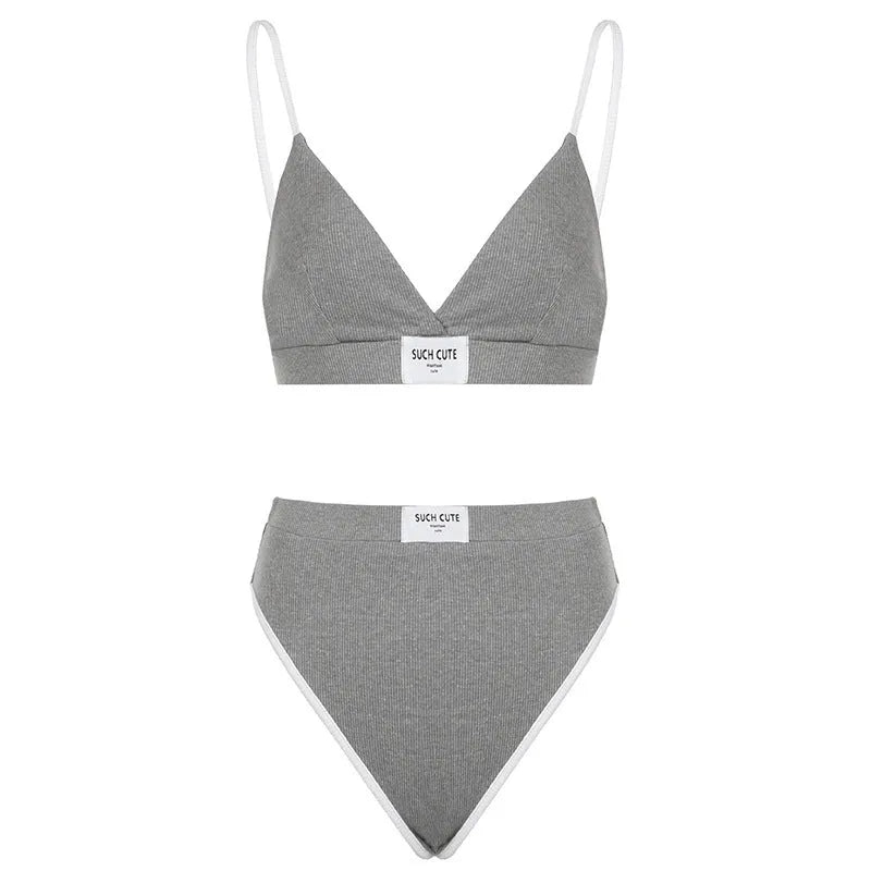 Women's embroidery bikini set with contrast colour binding letters in black, gray or white