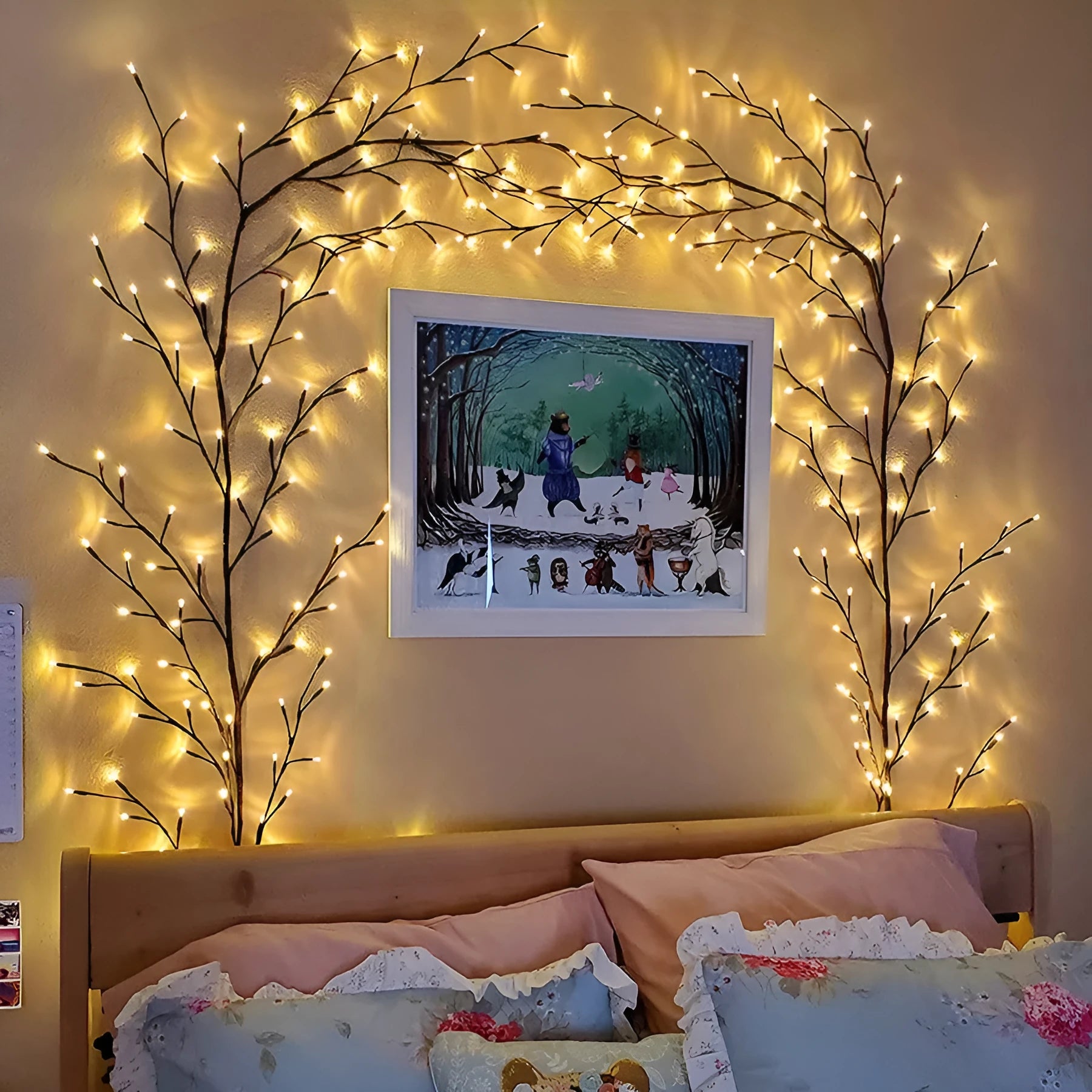 Flexible artificial willow vine LED garland with warm white lights on birch bark texture branches