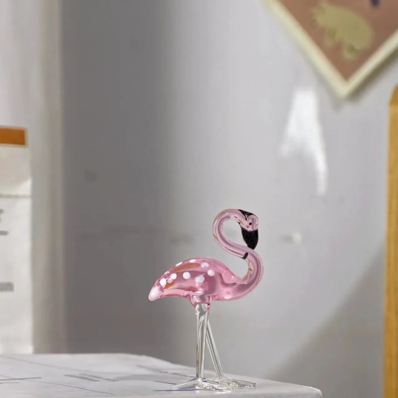 Pink crystal flamingo decorative prop for modern home table or shelf display.