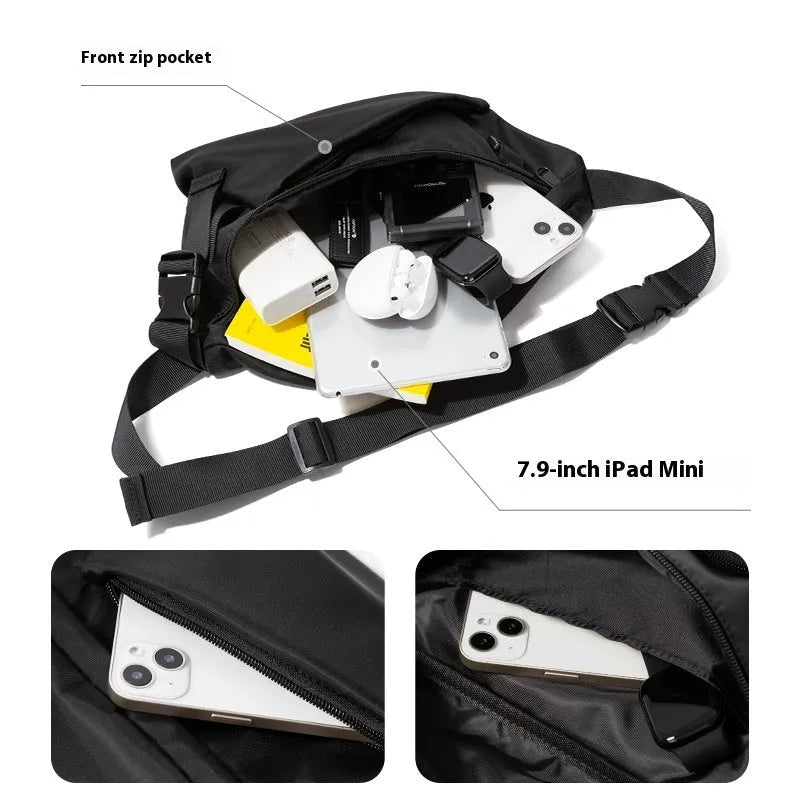 Black men's slanted chest bag in Oxford fabric with 8-inch dimensions and visible sewing lines