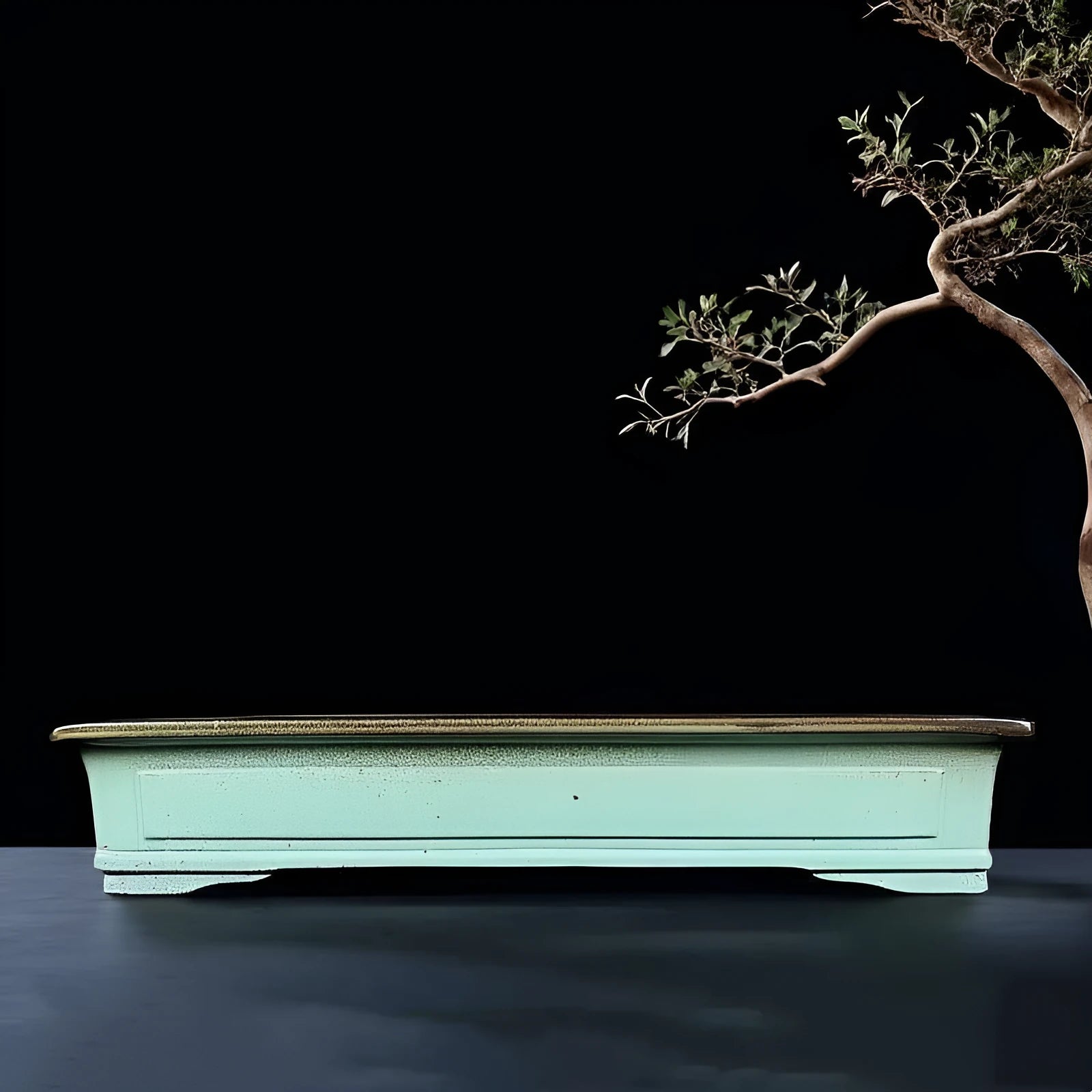 Green handmade ceramic flower pot with purple sand crackled glaze for bonsai display