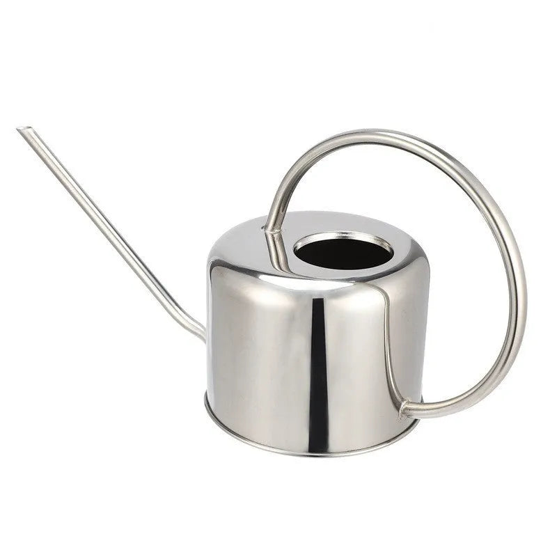Stainless steel watering can with long spout showing black, gold, and stainless steel colour options