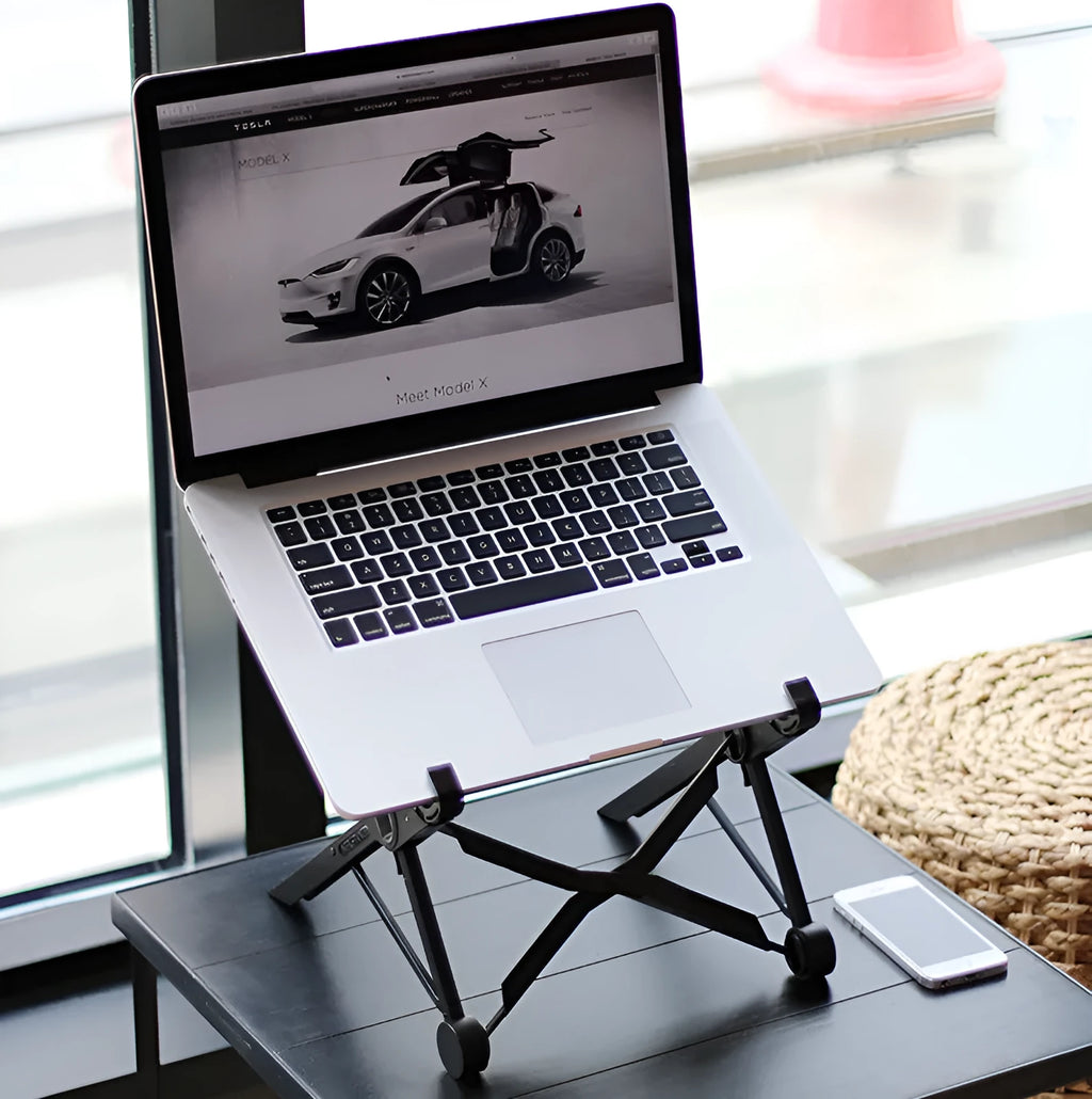 Black portable folding laptop computer stand with reinforced nylon construction showing 35.4cm dimensions