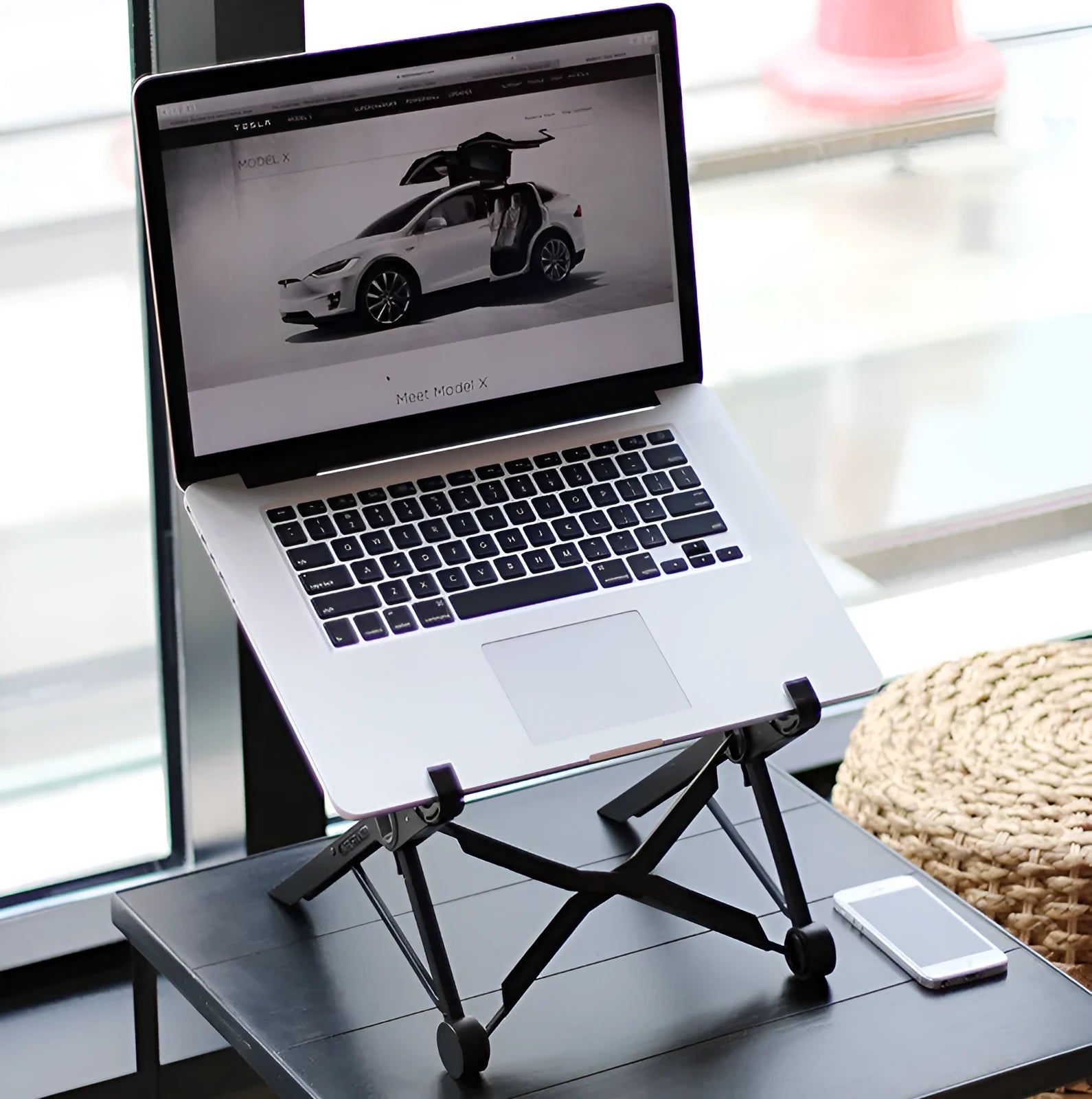 Black portable folding laptop computer stand with reinforced nylon construction showing 35.4cm dimensions