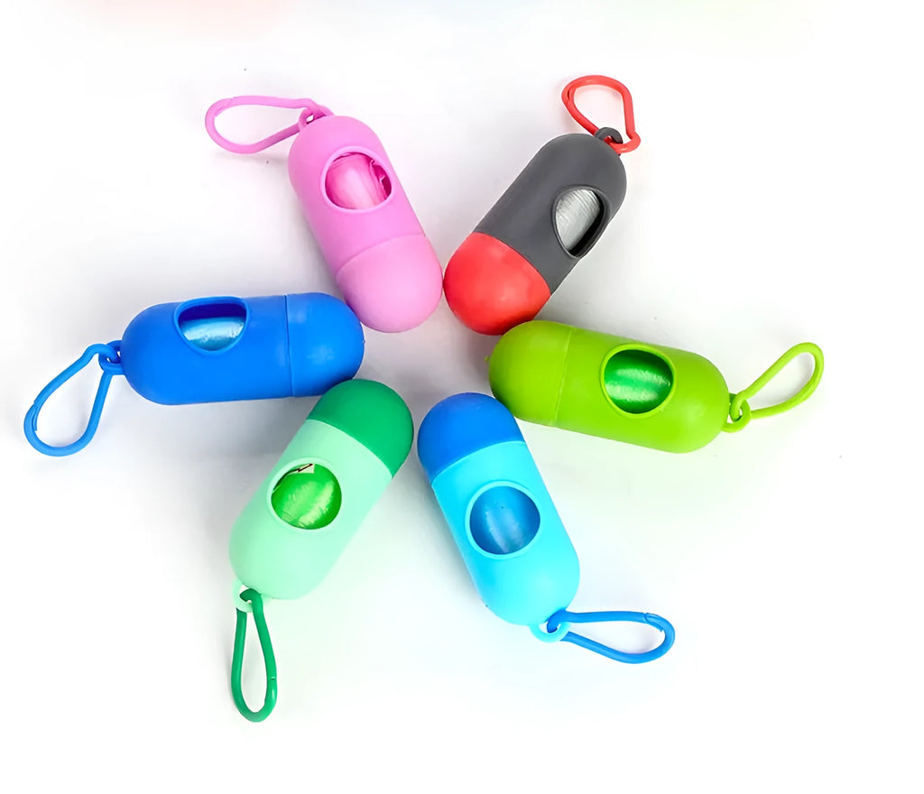 Roll of multi-colour dog waste bags showing black blue green pink purple and red black options