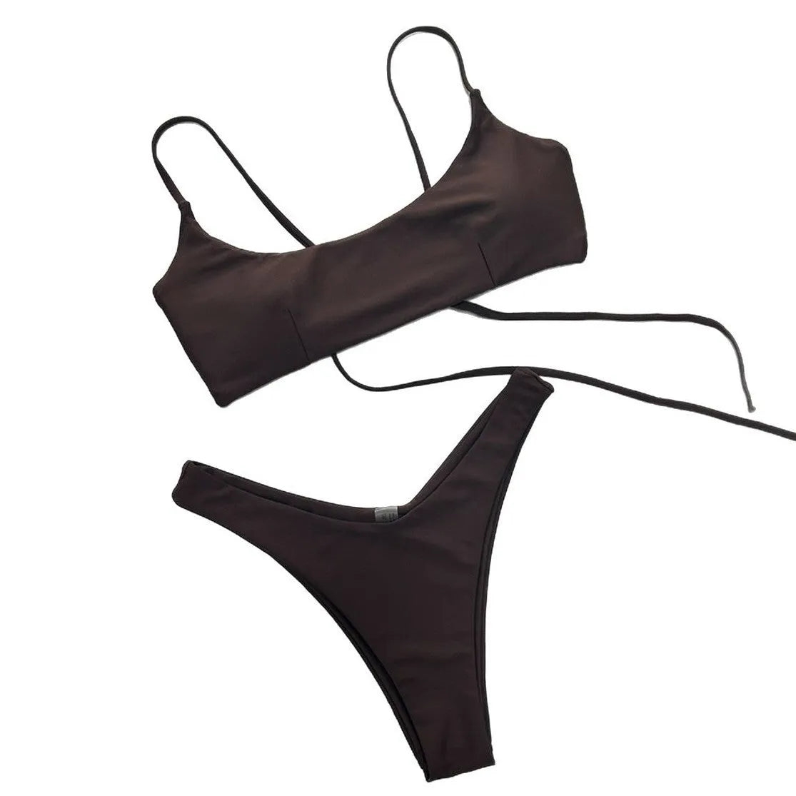 Solid colour split women's swimsuit in nylon, sleeveless one-piece, available in brown, beige, and black