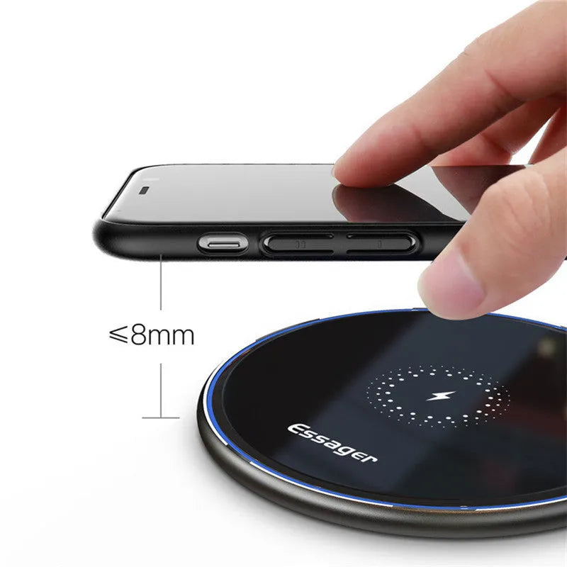 15W Qi wireless charging pad with aluminium surface showing blue LED charging indicator