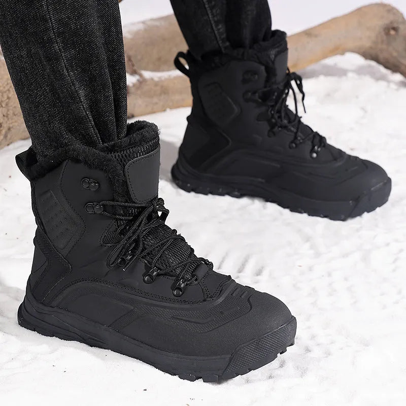 Men's black fleece-lined high-top boots with velvet lining and lace-up front