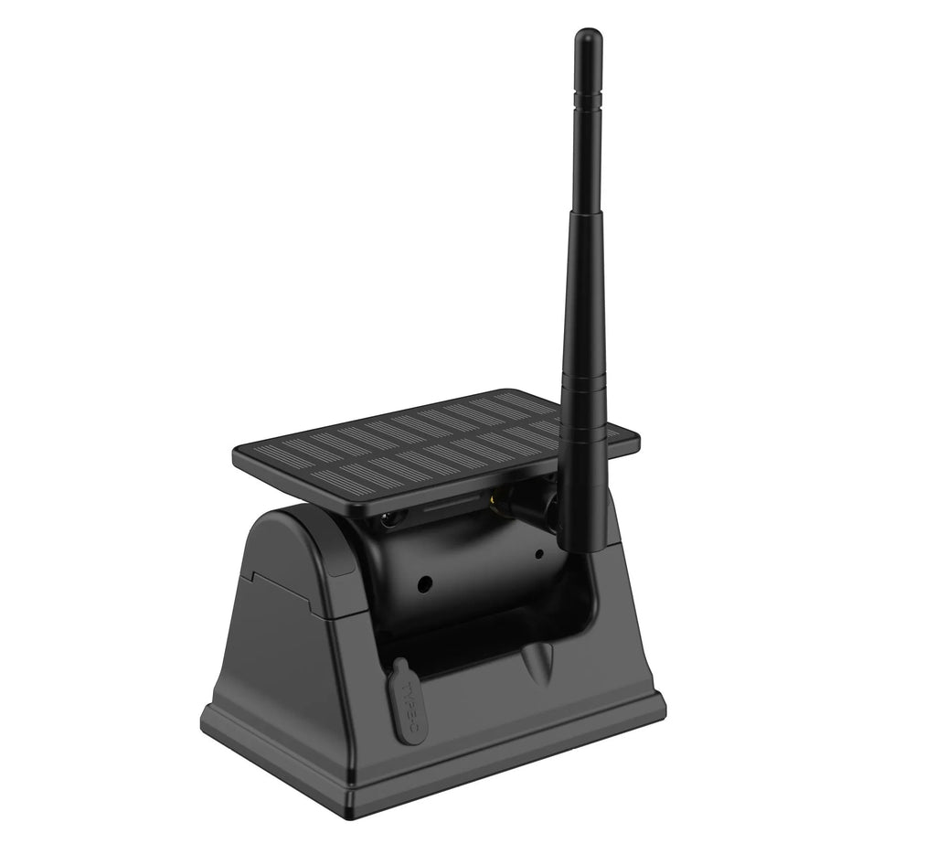 Solar-powered wireless reversing camera with magnetic mount, shown in black.