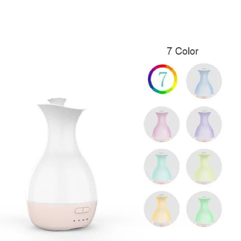 White or pink ultrasonic aromatherapy vase humidifier with colourful night light feature