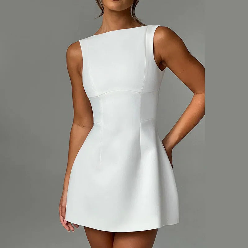 Slim-fitting backless sleeveless dress with high waist and short skirt in street hipster style