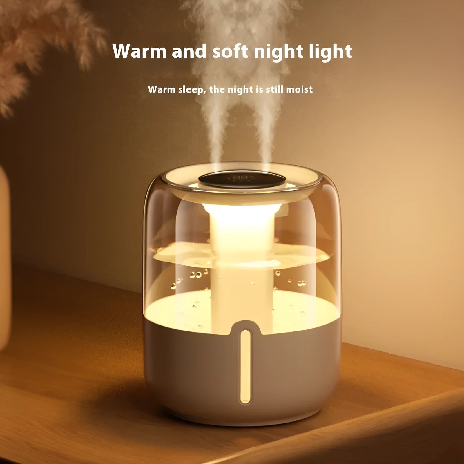 Beige plastic USB humidifier with dual spray nozzles, humidity display, and night light