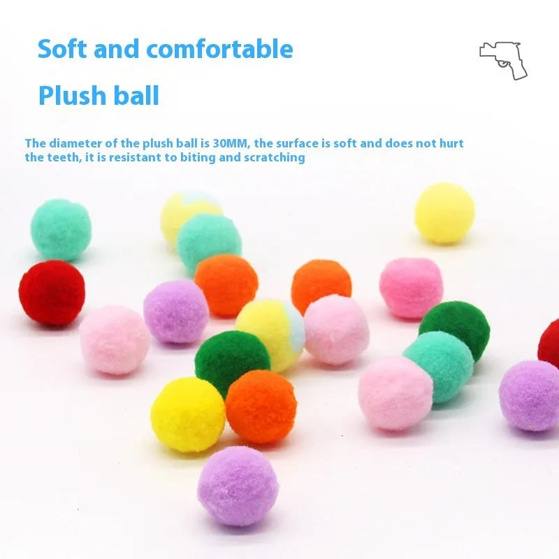 Pet toy gun launcher with colourful plush balls for dogs and cats interactive play