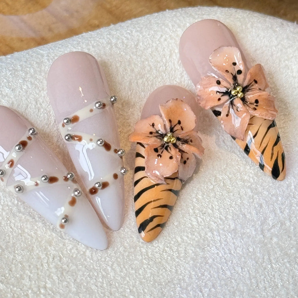 Leopard print false nail stickers with cross and floral patterns in armour shape