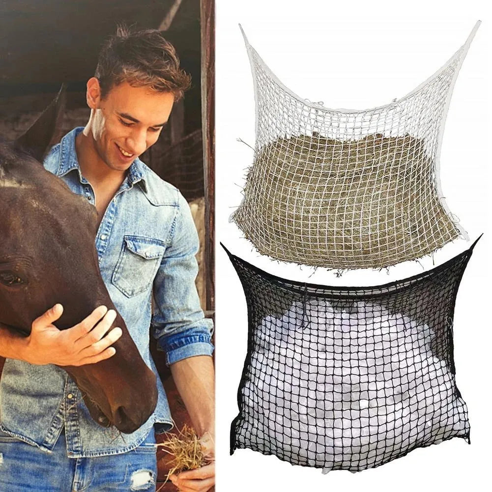 Black woven PE rope grid feeding bag hung on a fence, suitable for horses and cattle.